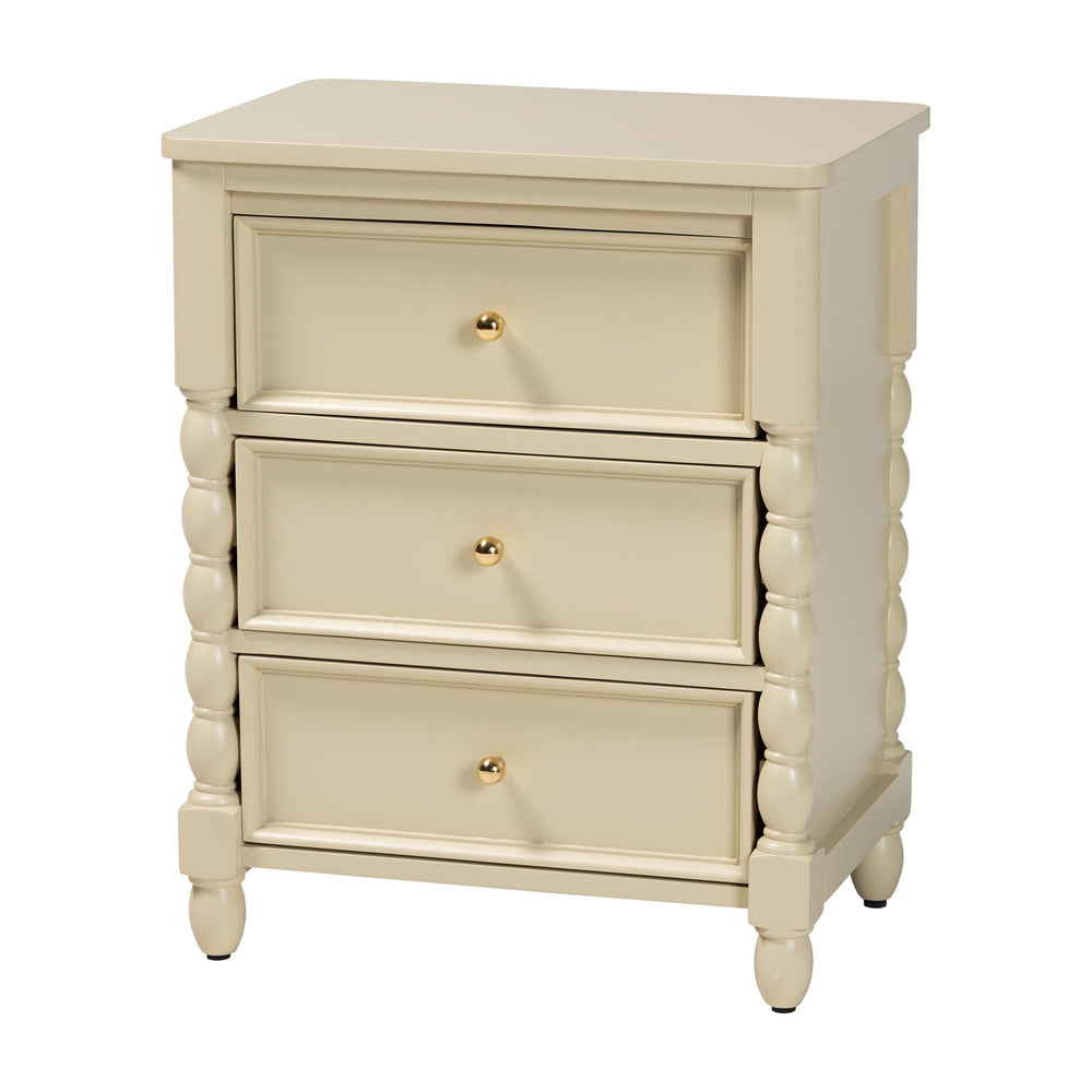 Baxton Studio Bali Kyla Nightstand With 3 Drawers, Spindle Legs & Inset Paneling—Java Hardwood, Ready-To-Use Kyla-Beige-Wooden-NS