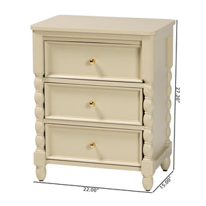 Baxton Studio Bali Kyla Nightstand With 3 Drawers, Spindle Legs & Inset Paneling—Java Hardwood, Ready-To-Use Kyla-Beige-Wooden-NS