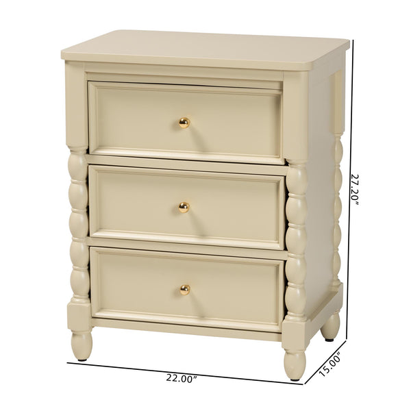 Baxton Studio Bali Kyla Nightstand With 3 Drawers, Spindle Legs & Inset Paneling—Java Hardwood, Ready-To-Use Kyla-Beige-Wooden-NS