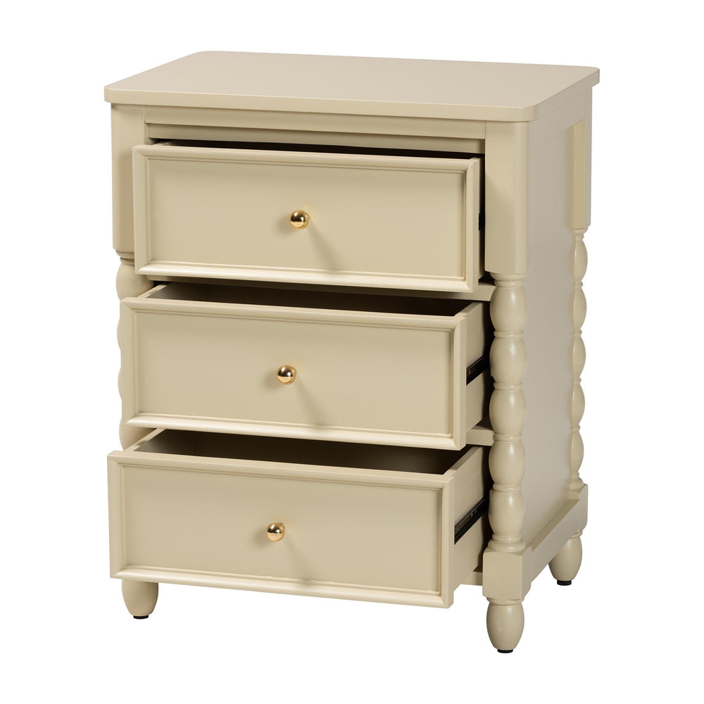 Baxton Studio Bali Kyla Nightstand With 3 Drawers, Spindle Legs & Inset Paneling—Java Hardwood, Ready-To-Use Kyla-Beige-Wooden-NS
