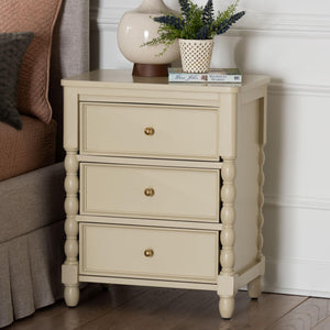 Baxton Studio Bali Kyla Nightstand With 3 Drawers, Spindle Legs & Inset Paneling—Java Hardwood, Ready-To-Use Kyla-Beige-Wooden-NS