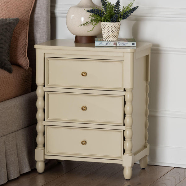 Baxton Studio Bali Kyla Nightstand With 3 Drawers, Spindle Legs & Inset Paneling—Java Hardwood, Ready-To-Use Kyla-Beige-Wooden-NS