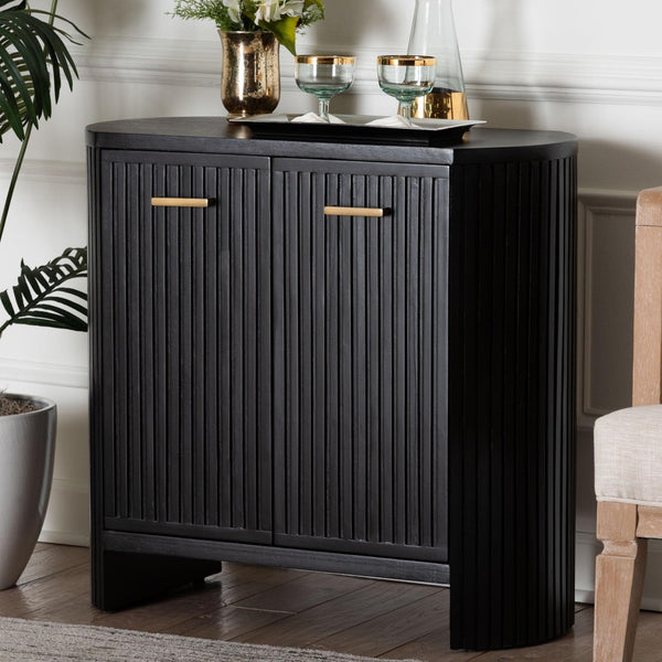 Baxton Studio Bali & Pari Keshet Solid Wood Fluted Cabinet Fully Assembled Accent for Entryway Keshet-Black-Wooden-2DR-Cabinet