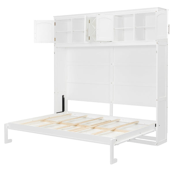 English Elm Queen Murphy Wall Bed with Storage Cabinets and Wine Rack for Small Space Living White LP000879AAK-1