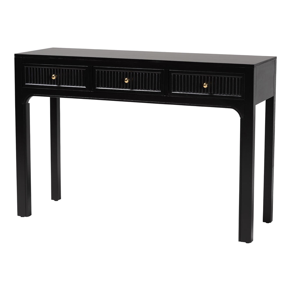Baxton Studio Bali Leah Console Table — 3-Drawer Fluted Wood Accent Table With Open-Frame Design, Java Hardwood Craftsmanship Leah-Black-Wooden-3DRW-Console Table