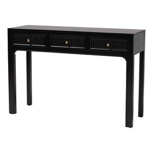 Baxton Studio Bali Leah Console Table — 3-Drawer Fluted Wood Accent Table With Open-Frame Design, Java Hardwood Craftsmanship Leah-Black-Wooden-3DRW-Console Table
