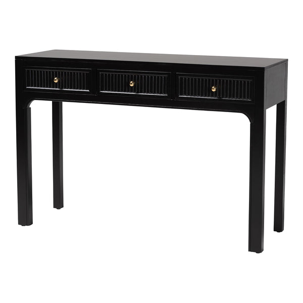 Baxton Studio Bali Leah Console Table — 3-Drawer Fluted Wood Accent Table With Open-Frame Design, Java Hardwood Craftsmanship Leah-Black-Wooden-3DRW-Console Table