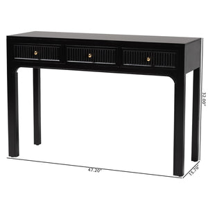 Baxton Studio Bali Leah Console Table — 3-Drawer Fluted Wood Accent Table With Open-Frame Design, Java Hardwood Craftsmanship Leah-Black-Wooden-3DRW-Console Table