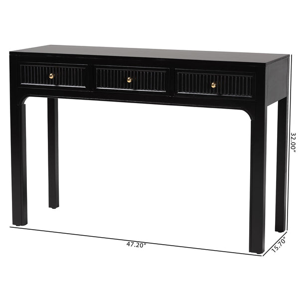 Baxton Studio Bali Leah Console Table — 3-Drawer Fluted Wood Accent Table With Open-Frame Design, Java Hardwood Craftsmanship Leah-Black-Wooden-3DRW-Console Table