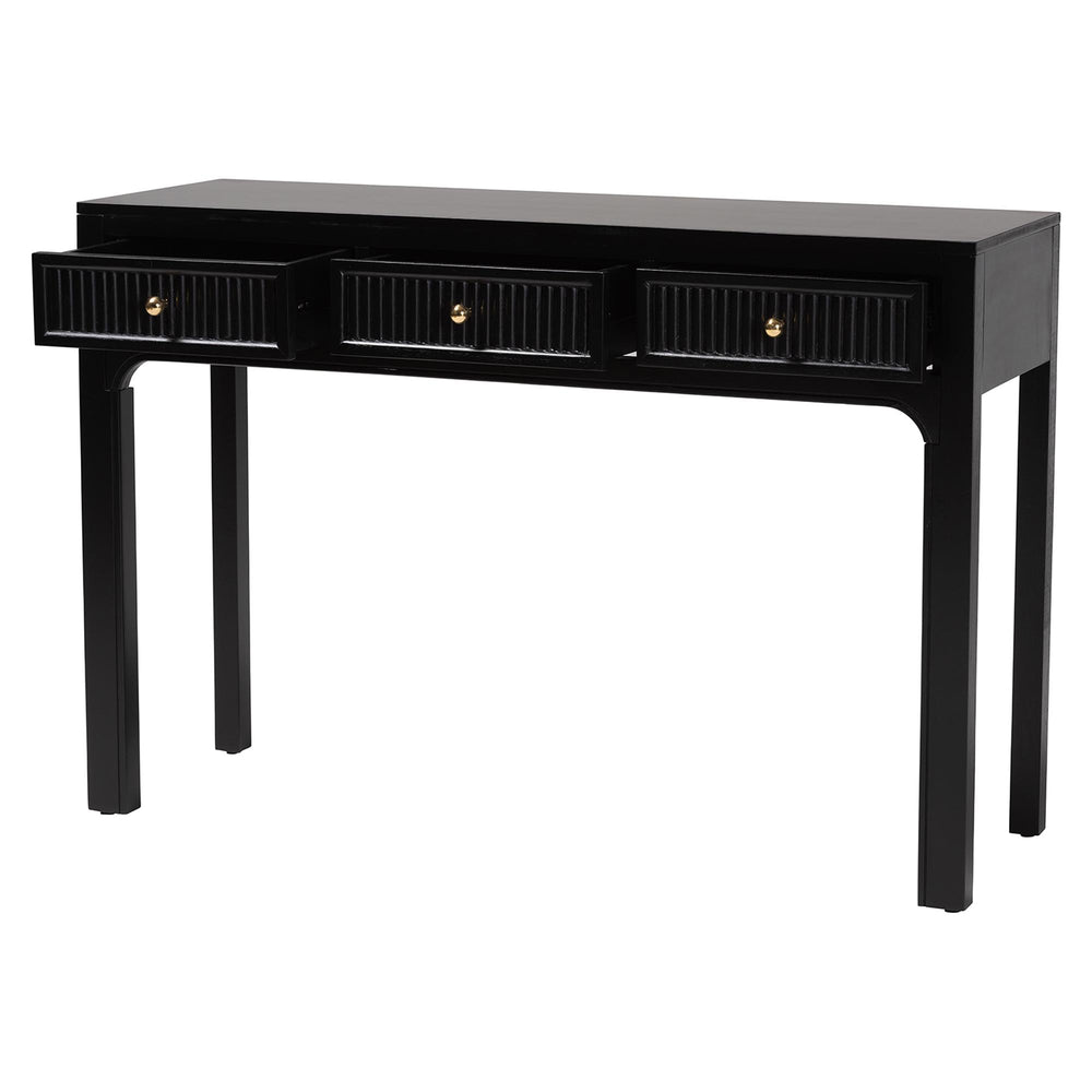 Baxton Studio Bali Leah Console Table — 3-Drawer Fluted Wood Accent Table With Open-Frame Design, Java Hardwood Craftsmanship Leah-Black-Wooden-3DRW-Console Table