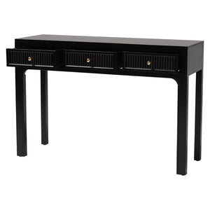 Baxton Studio Bali Leah Console Table — 3-Drawer Fluted Wood Accent Table With Open-Frame Design, Java Hardwood Craftsmanship Leah-Black-Wooden-3DRW-Console Table
