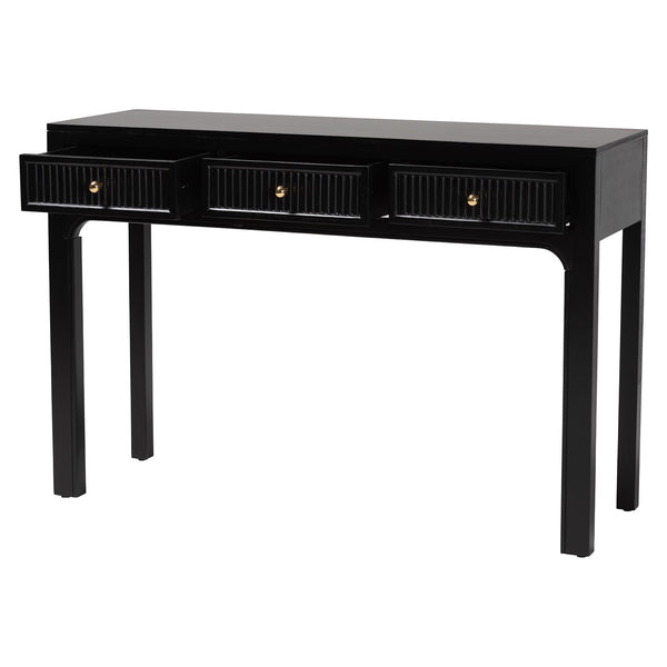 Baxton Studio Bali Leah Console Table — 3-Drawer Fluted Wood Accent Table With Open-Frame Design, Java Hardwood Craftsmanship Leah-Black-Wooden-3DRW-Console Table