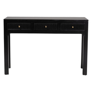Baxton Studio Bali Leah Console Table — 3-Drawer Fluted Wood Accent Table With Open-Frame Design, Java Hardwood Craftsmanship Leah-Black-Wooden-3DRW-Console Table