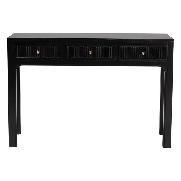 Baxton Studio Bali Leah Console Table — 3-Drawer Fluted Wood Accent Table With Open-Frame Design, Java Hardwood Craftsmanship Leah-Black-Wooden-3DRW-Console Table