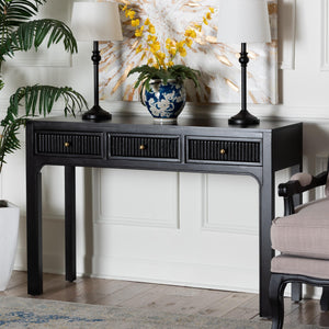 Baxton Studio Bali Leah Console Table — 3-Drawer Fluted Wood Accent Table With Open-Frame Design, Java Hardwood Craftsmanship Leah-Black-Wooden-3DRW-Console Table