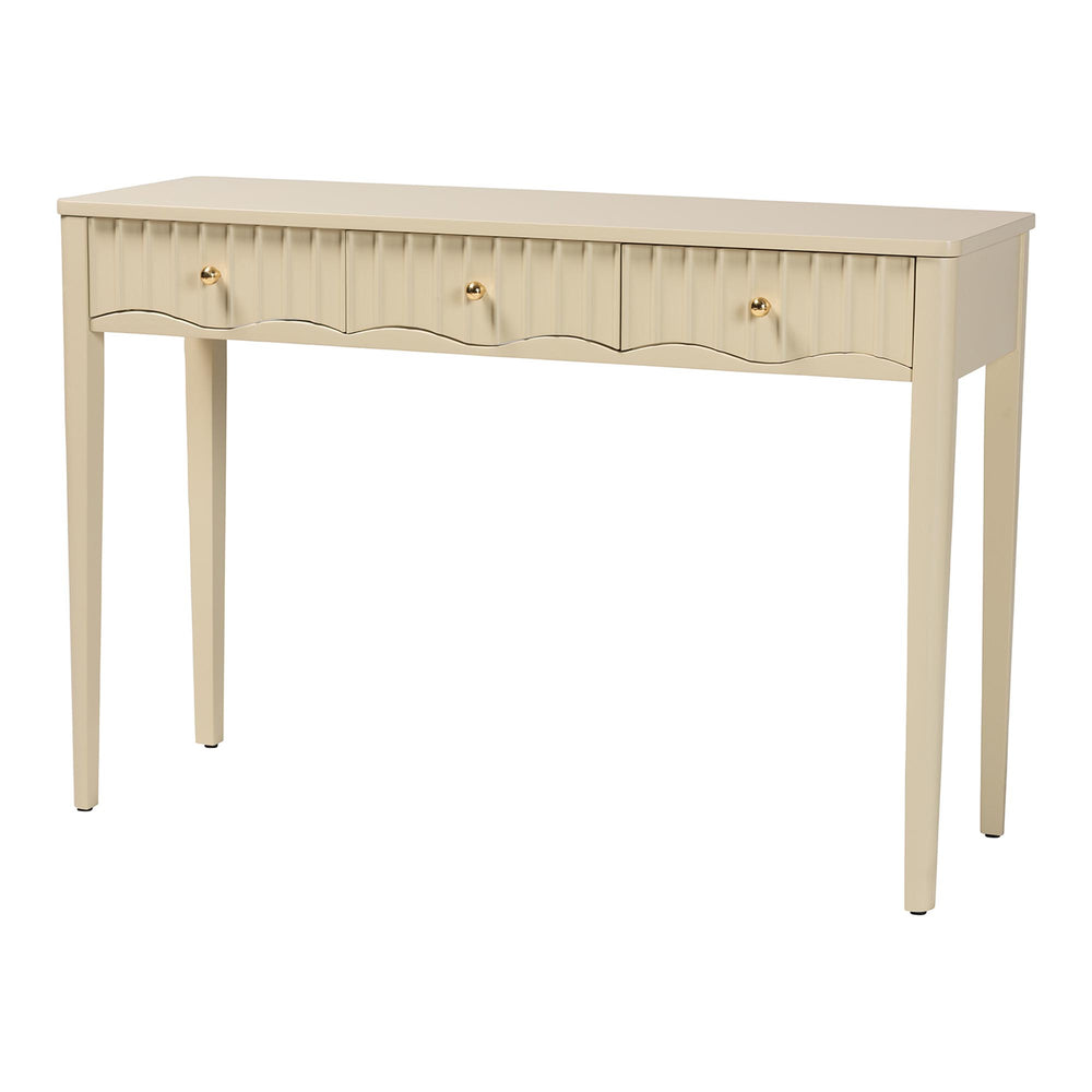 Baxton Studio Bali Leeba Console Table — 3-Drawer Fluted Wood Console With Scalloped Frame, Java Hardwood Craftsmanship Leeba-Beige-Wooden-3DRW-Console Table