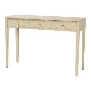 Baxton Studio Bali Leeba Console Table — 3-Drawer Fluted Wood Console With Scalloped Frame, Java Hardwood Craftsmanship Leeba-Beige-Wooden-3DRW-Console Table