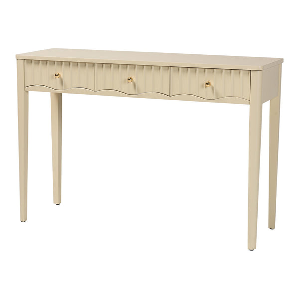 Baxton Studio Bali Leeba Console Table — 3-Drawer Fluted Wood Console With Scalloped Frame, Java Hardwood Craftsmanship Leeba-Beige-Wooden-3DRW-Console Table