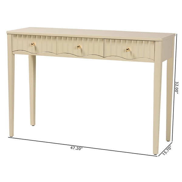 Baxton Studio Bali Leeba Console Table — 3-Drawer Fluted Wood Console With Scalloped Frame, Java Hardwood Craftsmanship Leeba-Beige-Wooden-3DRW-Console Table