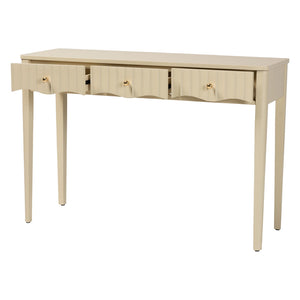 Baxton Studio Bali Leeba Console Table — 3-Drawer Fluted Wood Console With Scalloped Frame, Java Hardwood Craftsmanship Leeba-Beige-Wooden-3DRW-Console Table
