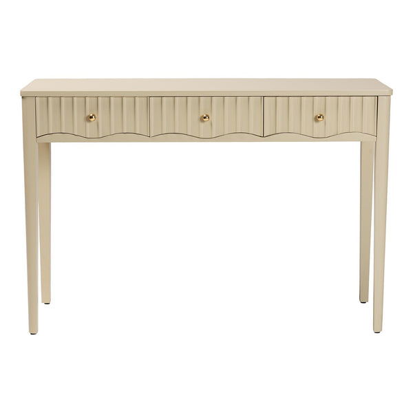 Baxton Studio Bali Leeba Console Table — 3-Drawer Fluted Wood Console With Scalloped Frame, Java Hardwood Craftsmanship Leeba-Beige-Wooden-3DRW-Console Table