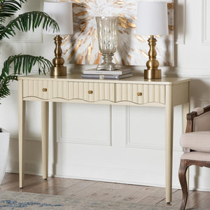 Baxton Studio Bali Leeba Console Table — 3-Drawer Fluted Wood Console With Scalloped Frame, Java Hardwood Craftsmanship Leeba-Beige-Wooden-3DRW-Console Table