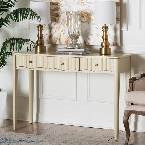 Baxton Studio Bali Leeba Console Table — 3-Drawer Fluted Wood Console With Scalloped Frame, Java Hardwood Craftsmanship Leeba-Beige-Wooden-3DRW-Console Table