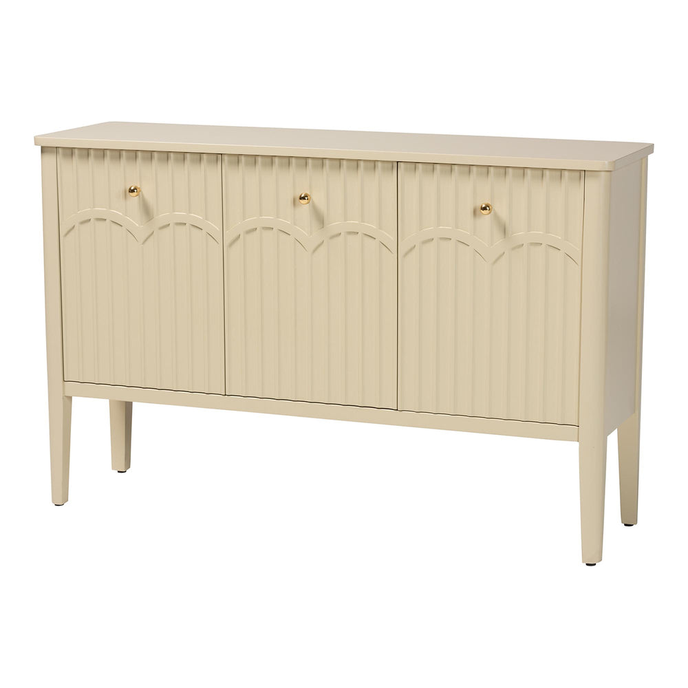 Baxton Studio Bali Leeba Sideboard — Fluted & Scalloped Buffet With 3 Drawers, 4 Shelves, Solid Java Hardwood Leeba-Beige-Wooden-3DR-Sideboard