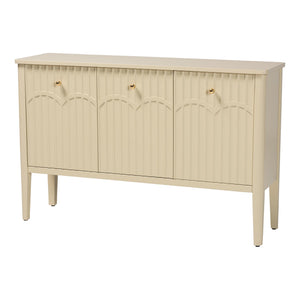 Baxton Studio Bali Leeba Sideboard — Fluted & Scalloped Buffet With 3 Drawers, 4 Shelves, Solid Java Hardwood Leeba-Beige-Wooden-3DR-Sideboard