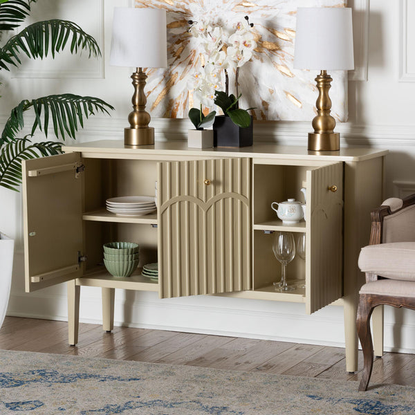 Baxton Studio Bali Leeba Sideboard — Fluted & Scalloped Buffet With 3 Drawers, 4 Shelves, Solid Java Hardwood Leeba-Beige-Wooden-3DR-Sideboard