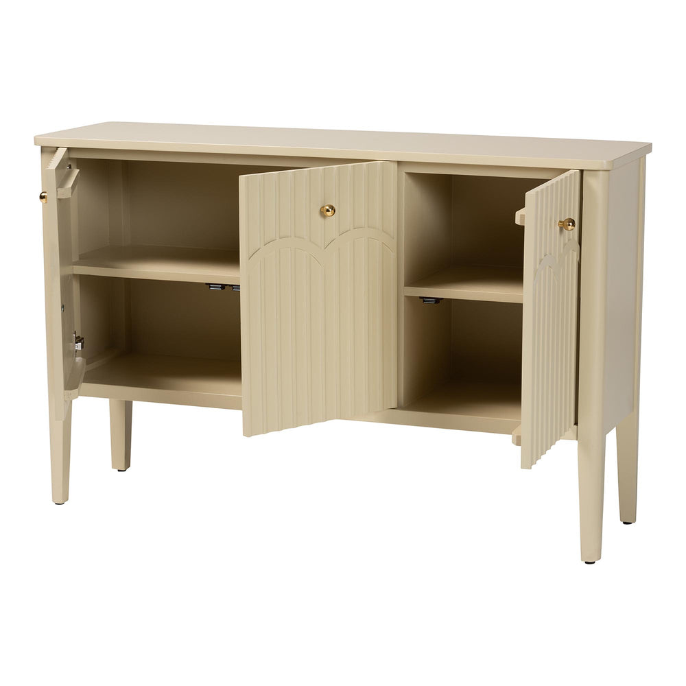 Baxton Studio Bali Leeba Sideboard — Fluted & Scalloped Buffet With 3 Drawers, 4 Shelves, Solid Java Hardwood Leeba-Beige-Wooden-3DR-Sideboard