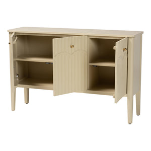Baxton Studio Bali Leeba Sideboard — Fluted & Scalloped Buffet With 3 Drawers, 4 Shelves, Solid Java Hardwood Leeba-Beige-Wooden-3DR-Sideboard