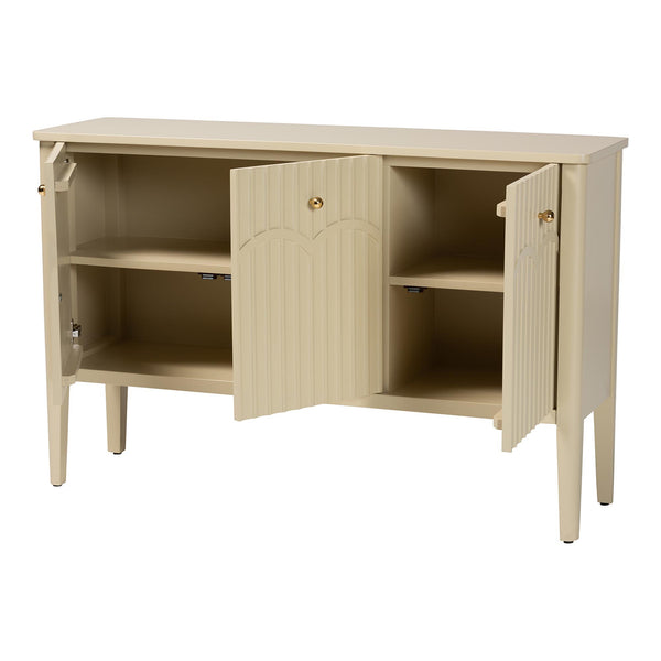 Baxton Studio Bali Leeba Sideboard — Fluted & Scalloped Buffet With 3 Drawers, 4 Shelves, Solid Java Hardwood Leeba-Beige-Wooden-3DR-Sideboard