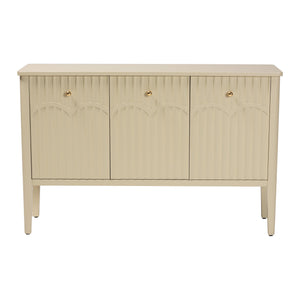 Baxton Studio Bali Leeba Sideboard — Fluted & Scalloped Buffet With 3 Drawers, 4 Shelves, Solid Java Hardwood Leeba-Beige-Wooden-3DR-Sideboard