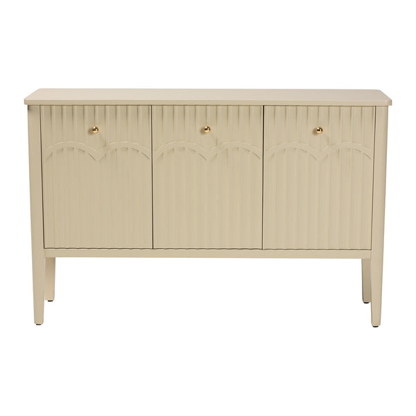 Baxton Studio Bali Leeba Sideboard — Fluted & Scalloped Buffet With 3 Drawers, 4 Shelves, Solid Java Hardwood Leeba-Beige-Wooden-3DR-Sideboard