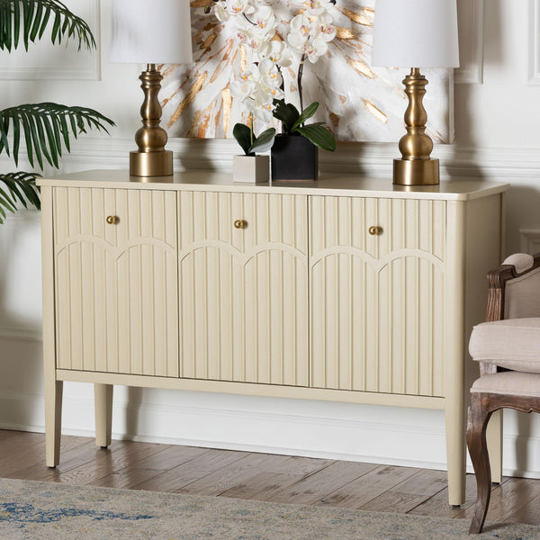 Baxton Studio Bali Leeba Sideboard — Fluted & Scalloped Buffet With 3 Drawers, 4 Shelves, Solid Java Hardwood Leeba-Beige-Wooden-3DR-Sideboard