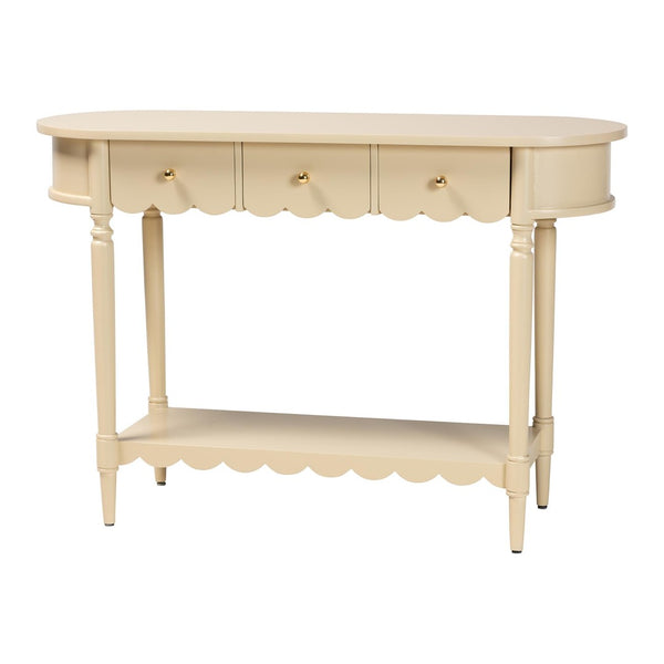 Baxton Studio Bali & Pari Liba Solid Wood Farmhouse Console with Three Drawers and Open Shelf Display Liba-Beige-Wooden-3DRW-Console Table