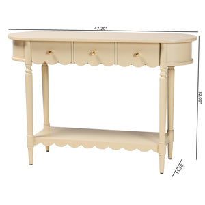 Baxton Studio Bali & Pari Liba Solid Wood Farmhouse Console with Three Drawers and Open Shelf Display Liba-Beige-Wooden-3DRW-Console Table
