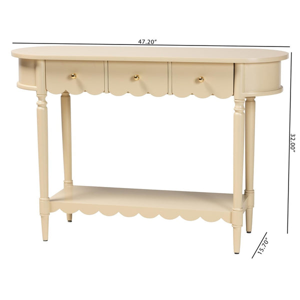 Baxton Studio Bali & Pari Liba Solid Wood Farmhouse Console with Three Drawers and Open Shelf Display Liba-Beige-Wooden-3DRW-Console Table