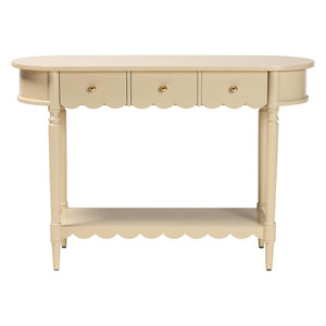 Baxton Studio Bali & Pari Liba Solid Wood Farmhouse Console with Three Drawers and Open Shelf Display Liba-Beige-Wooden-3DRW-Console Table