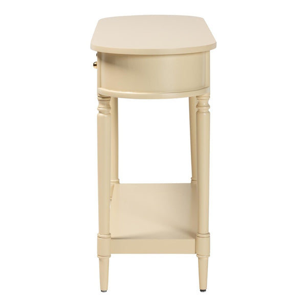 Baxton Studio Bali & Pari Liba Solid Wood Farmhouse Console with Three Drawers and Open Shelf Display Liba-Beige-Wooden-3DRW-Console Table