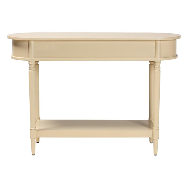 Baxton Studio Bali & Pari Liba Solid Wood Farmhouse Console with Three Drawers and Open Shelf Display Liba-Beige-Wooden-3DRW-Console Table