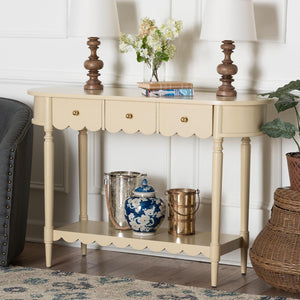 Baxton Studio Bali & Pari Liba Solid Wood Farmhouse Console with Three Drawers and Open Shelf Display Liba-Beige-Wooden-3DRW-Console Table