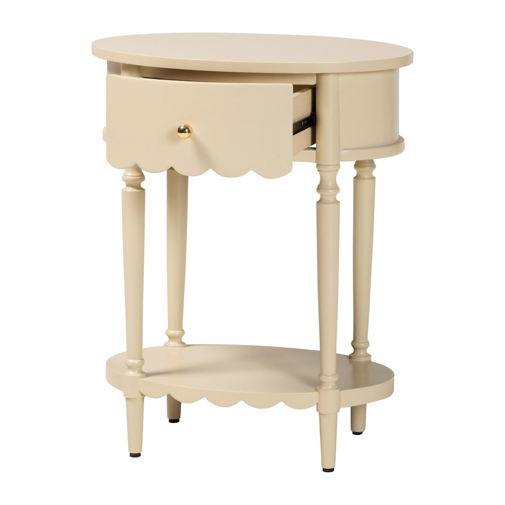 Baxton Studio Bali & Pari Liba Solid Wood Farmhouse End Table with Drawer and Open Shelf Storage Liba-Round-Beige-Wooden-1DRW-ET