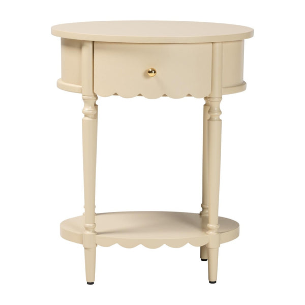 Baxton Studio Bali & Pari Liba Solid Wood Farmhouse End Table with Drawer and Open Shelf Storage Liba-Round-Beige-Wooden-1DRW-ET