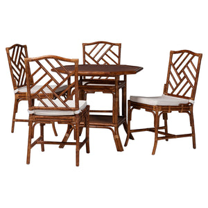 Baxton Studio Bali Handwoven Marbled Tortoise Rattan 5-Piece Dining Set With Octagonal Table, Cushioned Chairs Simon-Tortoise-Rattan-5PC Dining Set