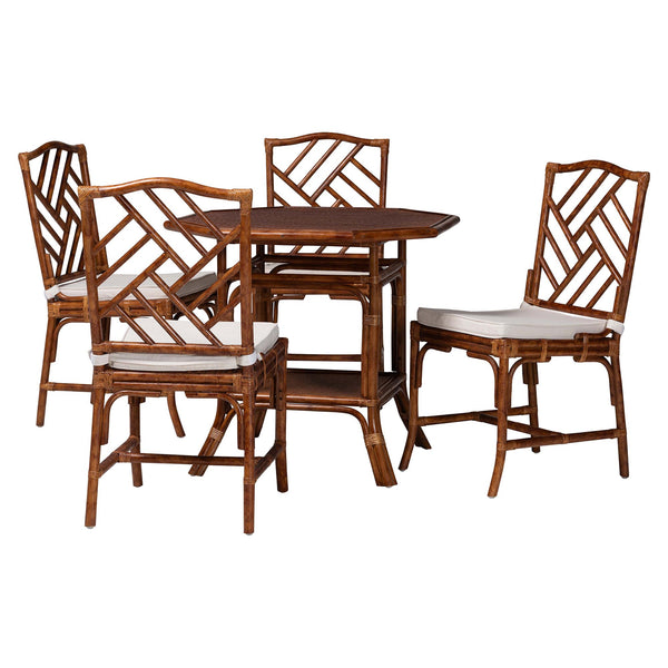 Baxton Studio Bali Handwoven Marbled Tortoise Rattan 5-Piece Dining Set With Octagonal Table, Cushioned Chairs Simon-Tortoise-Rattan-5PC Dining Set