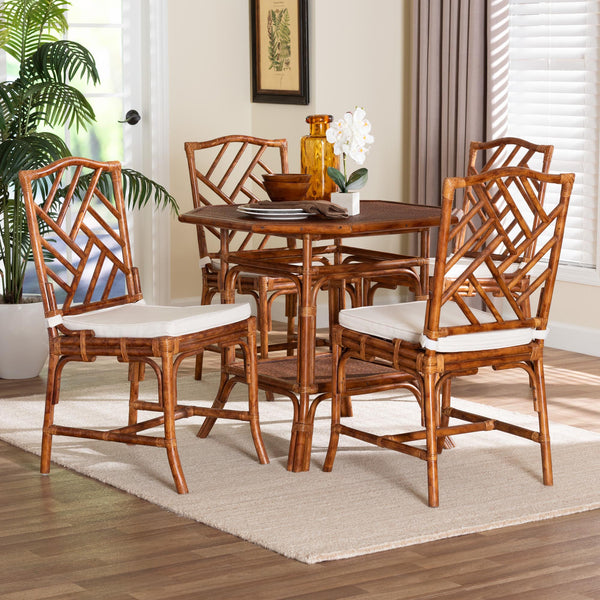Baxton Studio Bali Handwoven Marbled Tortoise Rattan 5-Piece Dining Set With Octagonal Table, Cushioned Chairs Simon-Tortoise-Rattan-5PC Dining Set