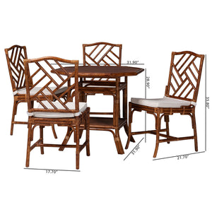 Baxton Studio Bali Handwoven Marbled Tortoise Rattan 5-Piece Dining Set With Octagonal Table, Cushioned Chairs Simon-Tortoise-Rattan-5PC Dining Set