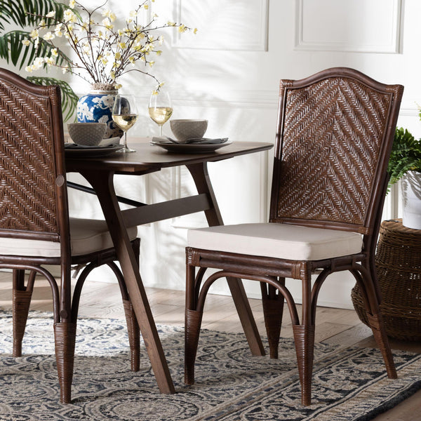 Baxton Studio Bali & Pari Mahdis Handcrafted Rattan Dining Chair Set of Two with Foam Cushions WS231-Coffee Bean/Rattan-Cushion-DC